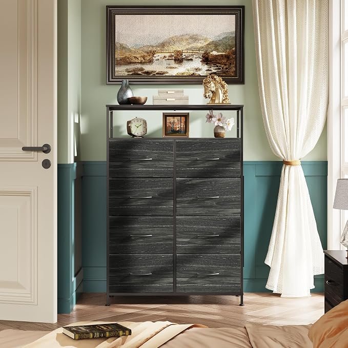 WLIVE 8 Drawer Fabric Dresser Open Shelves, Tall Bedroom Chest, Charcoal | 8 fabric drawers plus open shelves, steel frame with wood top, great for bedroom closet entryway and dorm storage