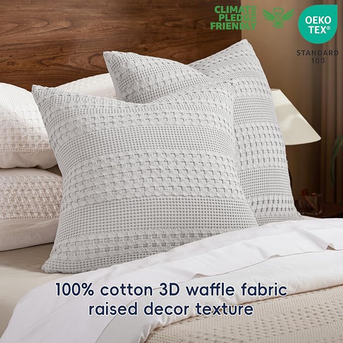 PHF 100% Cotton Waffle Weave Pillow Covers 24" x 24", 2 Pack Luxury Square Shell for Elegant Home Decor, No Filling, Luxury Aesthetic Soft Pillow Covers for Bed, Light Grey