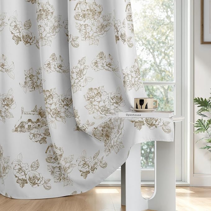 SimpleHome 100% Blackout Curtains for Bedroom Light Brown Curtain Floral 72 | Curtains for Living Room,Farmhouse Curtains and Drapes,Grommet Printed Patterns Room Darkening Curtains,2 Panels Set,52Wx72L