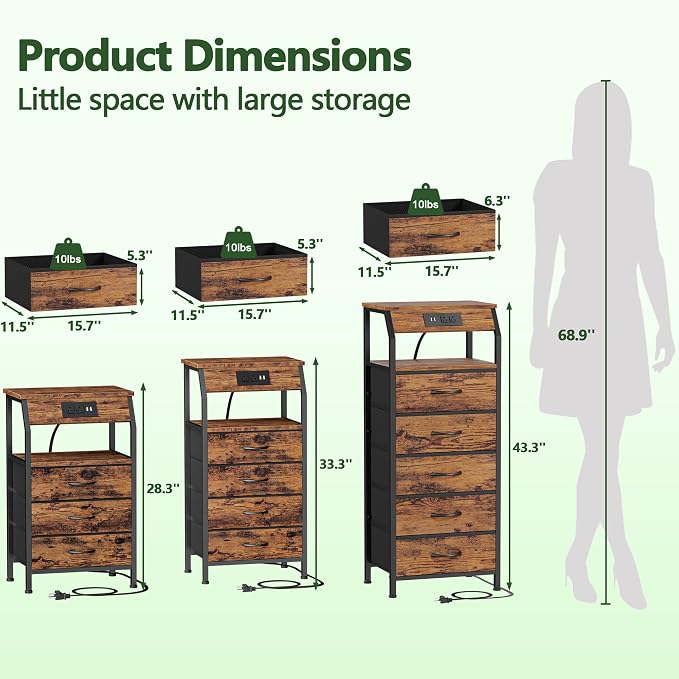 Furnulem Night Stand with Charging Station, 3 Fabric Drawers Bedside Table | Rustic Brown Dorm Nightstand For Bedroom, 28.3 Inch Tall, Usb Ports & Outlets, Side Table with Storage Shelf, 3 Ways to Use