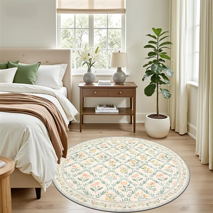PLHXFR Round Area Rug Living Room: 4 ft Floral Washable Carpet Beige Multi | For Bedroom Dining Room Farmhouse Nursery Hallway,Vintage Floral,Machine washable,Non Slip,Stain Resistant,Large Indoor
