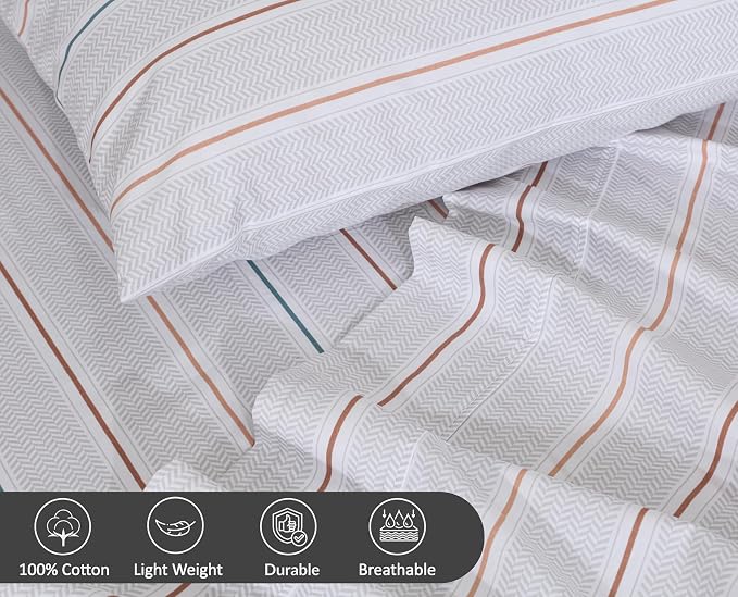 RUVANTI 100% Cotton Percale Sheets California King Chevron Twill Stripe | Crisp Cooling for Hot Sleepers, Deep Pocket 14", Soft Breathable & Durable, Hotel-Style 4 Piece Set