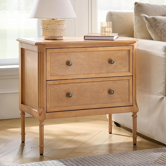 HULALA HOME Solid Wood End Table with Charging Station, Mid-Century Modern End Table with 2 Drawer, Adjustable Solid Wood Feet, Easy Assembly, Teak
