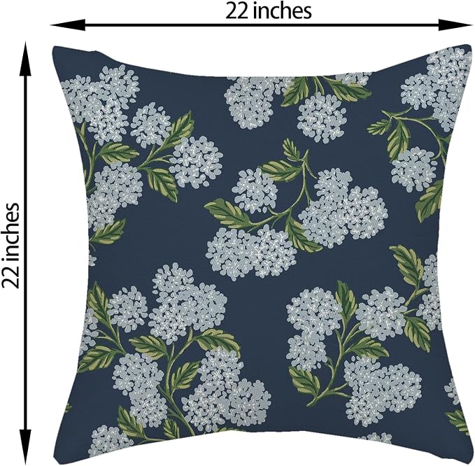 Navy Blue Spring Pillow Covers 22x22 Inch 2 Pcs Blue Green Hydrangea Flower Decor Throw Pillows Vintage Floral Seasonal Summer Outdoor Decoration Pillowcase Linen Cushion Cover for Couch Sofa