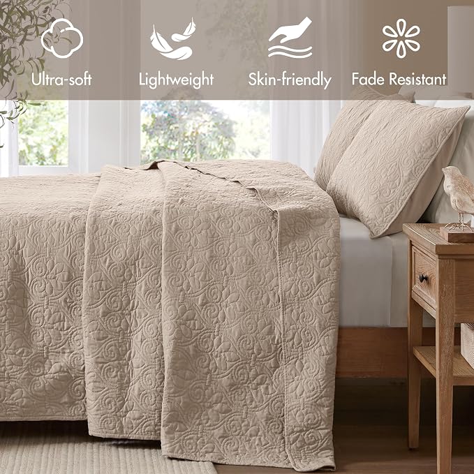 Madison Park Queen Quilt Bedding Set, Cottage-Inspired Damask, 3PC | All Season Quilted Coverlet, Classic Stitch Pattern Bedspread & Shams, Ultra Soft Microfiber Bedspread Set, Khaki