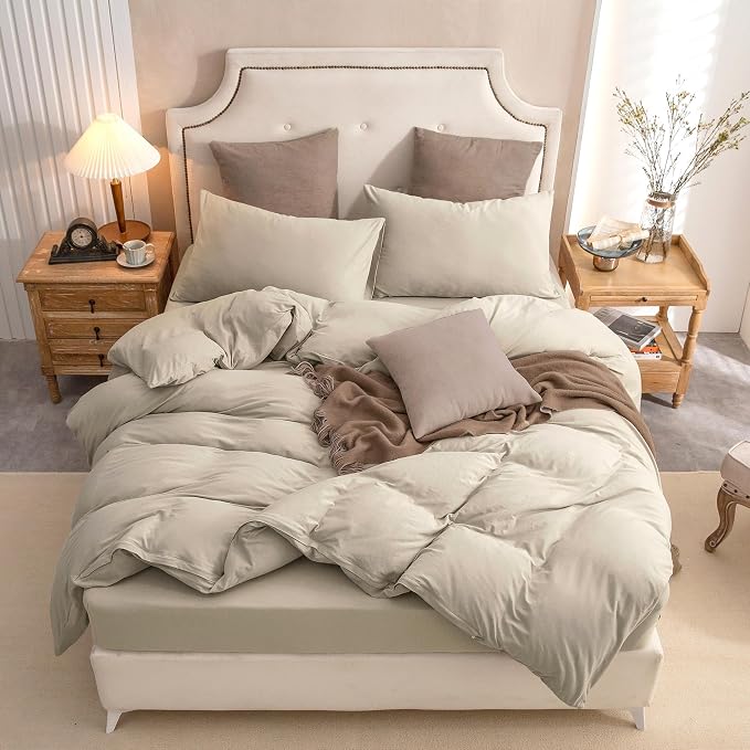 PURE ERA Jersey Knit Sheet Set Solid Dark Beige Twin | 100% Cotton, 3 Piece Set, T Shirt Soft, Breathable, Envelope Closure Pillowcases, Hidden Zipper, 8 Ties, No Insert, Modern