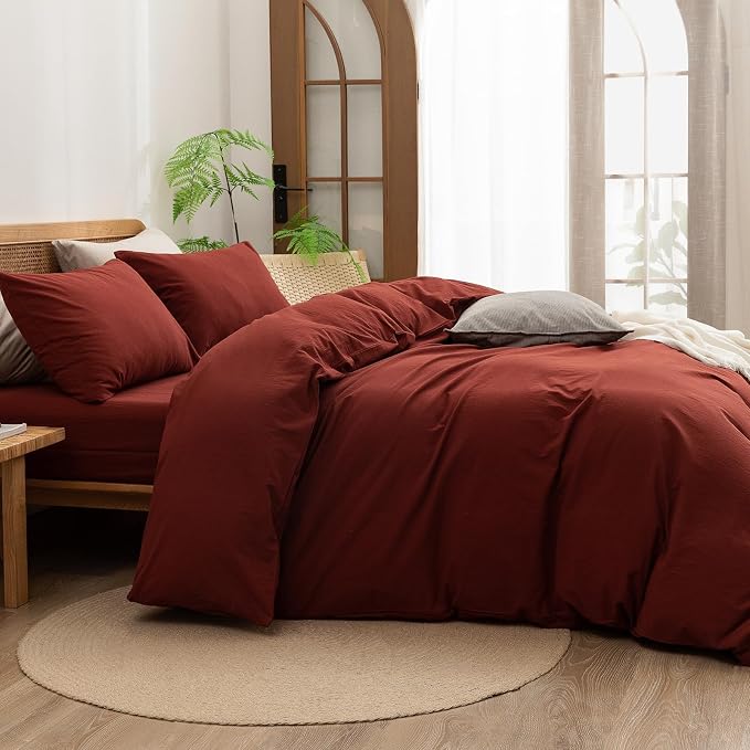BESTOUCH Cotton Solid Duvet Cover Set Linen Feel Fired Brick Red Twin | 100% Washed Cotton, Soft Wrinkle Texture, Hidden Zipper, 8 Ties, Breathable Lightweight Durable Comfy, 2 Pcs No Insert