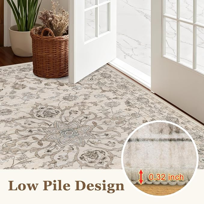 3x5 Area Rugs Living Room: Washable Rug for Bedroom Brown Beige | Boho No Slip Stain Resistant Rug Soft Indoor Decor Floor Floral 3x5 Area Rugs for Dining Room, Nursery, Hallway, Home Office