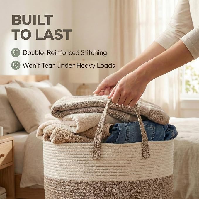 JMvicyroam 65L Extra Large Machine Washable Cotton Rope Blanket Basket | Collapsible laundry hamper, Reinforced handles, For blankets, pillows, toys and clothes, Living room and bedroom, White&Brown