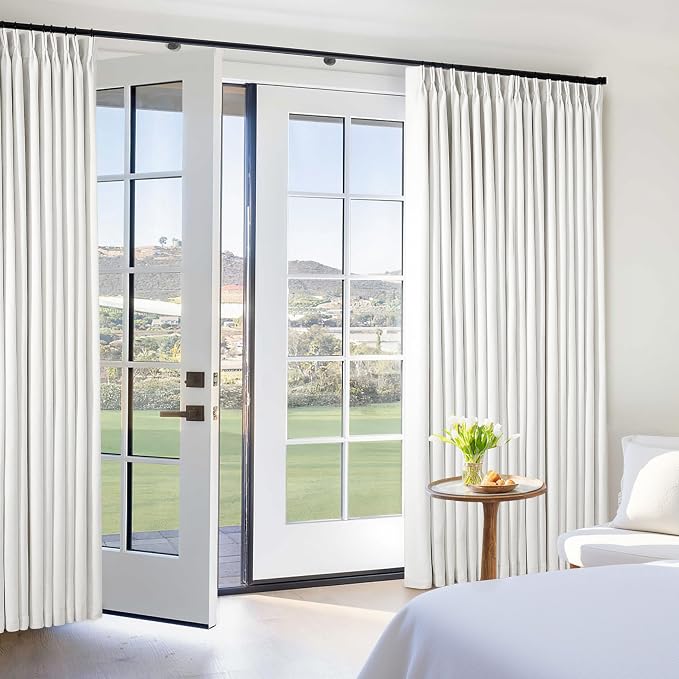 Beige White Pinch Pleated Blackout Linen 90 Inch Long Curtains 60 Inch Wide | 100% Black Out, Memory Trained, Pinch Pleat with Back Tab, Energy Efficient, Thermal Insulated Window Drapes W60xL90 1 Panel