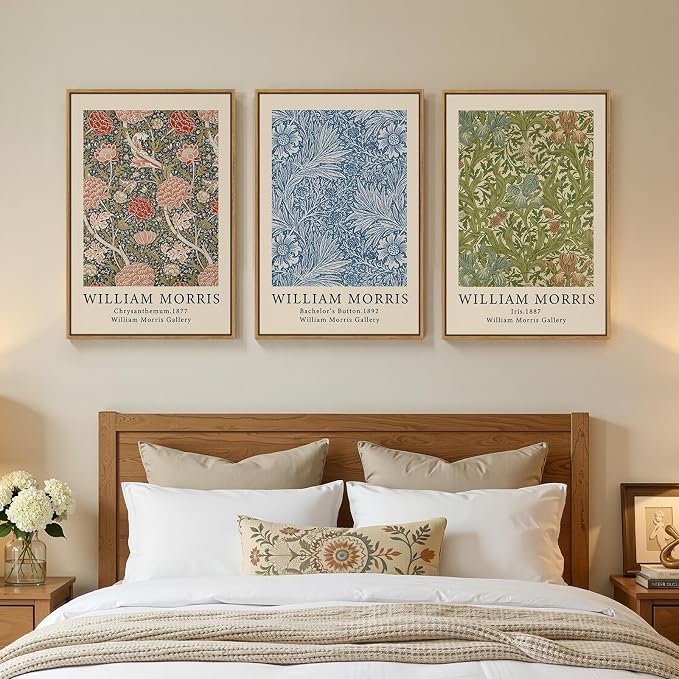 Large Framed Green William Morris Botanical Floral Wall Art, Set of 3 | Vintage, Canvas prints, Retro classic, Natural pattern, 30x60 inch, Living room, Bedroom, Dining room, Hallway decor