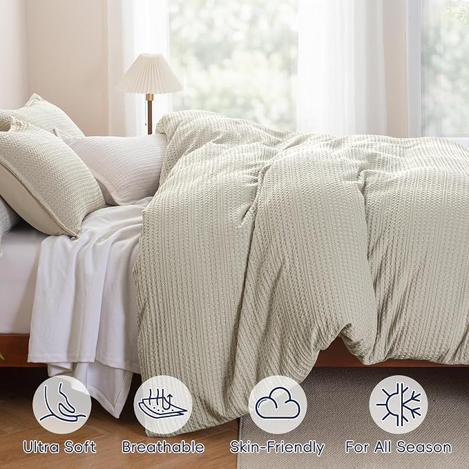 PHF Soft Waffle Duvet Cover Queen Size- Durable Breathable Waffle Weave Duvet Cover(90"x90") with 2 Pillow Shams, 3 Pieces Luxury Textured Bedding Set for All Season, Natural