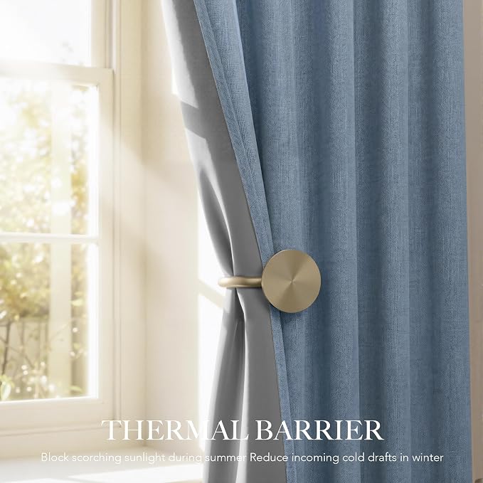 RYB HOME Smoky Blue 100% Blackout Curtains for Bedroom Office 84 Inch Long | Linen Texture, Thermal Insulated Rod Pocket Back Tab Room Darkening, for Living Dining Room Nursery, W52 x L84, 2 Panels