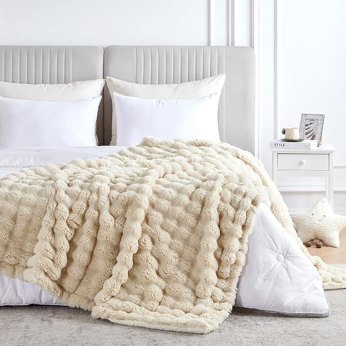 50x60 Inches Ultra-Soft Fuzzy Faux Fur Plush Throw Blanket - Thick, Warm Sherpa for Couch, Sofa, Bedroom, Camping - Decorative Blanket for Cozy Warmth, Bubble Khaki