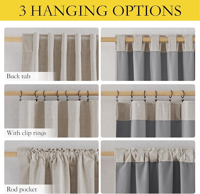 NICETOWN 100% Blackout Linen Curtains for Bedroom/Living Room 90" L, 2 PCs | Thermal Insulated & Privacy Curtains with Grey Liner, Noise Reducing Farmhouse Style, Natural, W52 x L90 in Each
