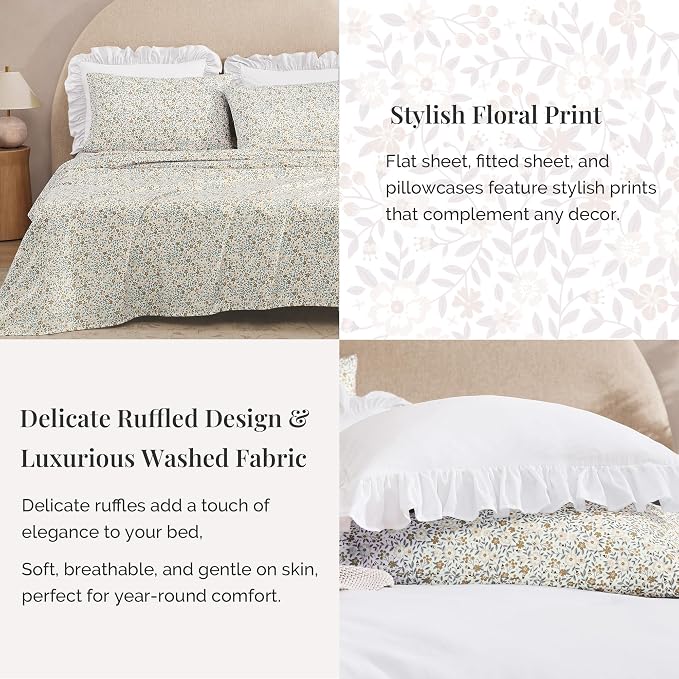 Full Size Comforter Sets-7 Pieces Ruffle Bedding Floral Sheet | White Bed in a Bag, Soft Lightweight All Season Farmhouse Full Size Bedding Sets with Floral Sheets, Pillowcases & Shams