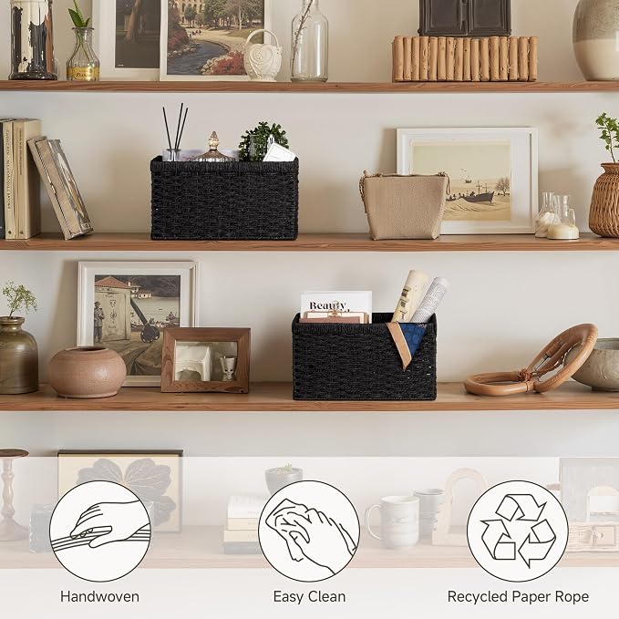 StorageWorks Wicker Storage Baskets for Organizing, Black Baskets, 2-Pack | Paper Rope Black Wicker Baskets, Wicker Storage Baskets for Shelves, Pantry Organizers and Storage, Black Woven Baskets