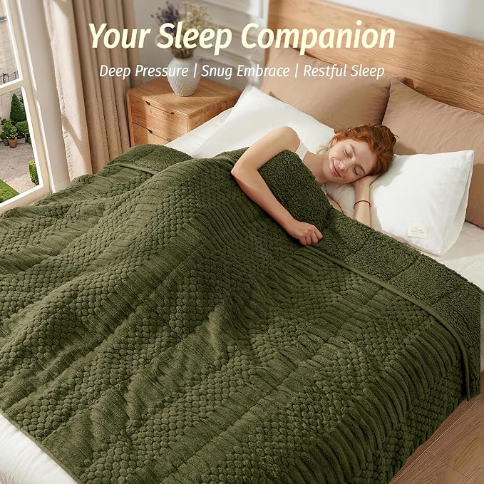 Sherpa Weighted Blankets for Adults, 60" x 80" 15 lbs Army Green | Queen Size Bed, Super Soft Fuzzy Heavy Throw Blankets for Better Sleep, Jacquard Knitted, Chunky Warm Fluffy, Glass Beads