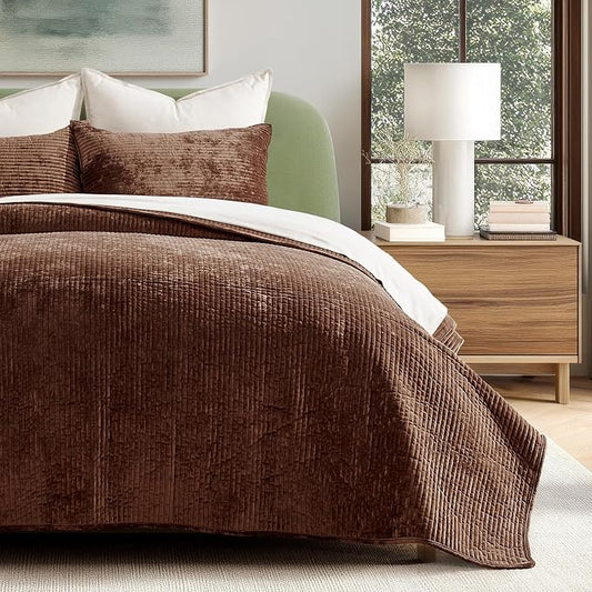 EverGrace Striped Channel Velvet Quilt Set, King Size, Rust Brown | Luxurious Soft Lightweight Velvet Comforter, Oversized Bedspread Coverlet, Quilted Bedding Set for All Season, with 2 Shams