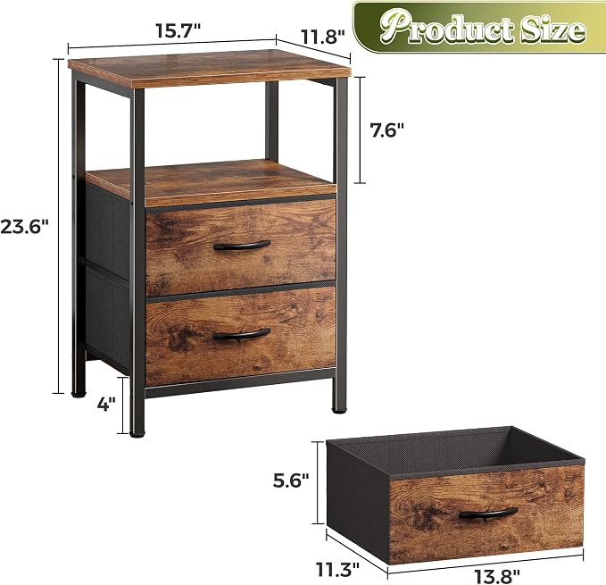 Huuger Night Stand Set of 2, Nightstand with 2 Drawers, Bedside Table | Open Shelf, Wooden Top, End Table, Fabric Drawer, for Bedroom, Living Room, Rustic Brown