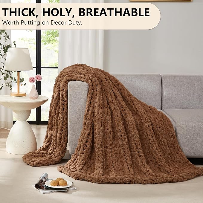 L'AGRATY Chunky Knit Throw Blanket for Couch, 72'' x 84'' Knit Throw, Brown | Handmade Chenille Crochet Blanket for Sofa Bed, Thick Cable Knitted Blankets for Room Home Decor, Birthday Gift for Women Mom