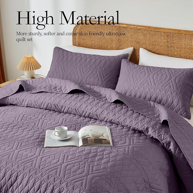 akkialla Twin Quilt Set, Grayish Purple Lightweight Microfiber Bedspread Coverlet, Boho Geometric Pattern, Soft All-Season Bedding, 2-Piece (1 Quilt, 1 Pillow Sham)