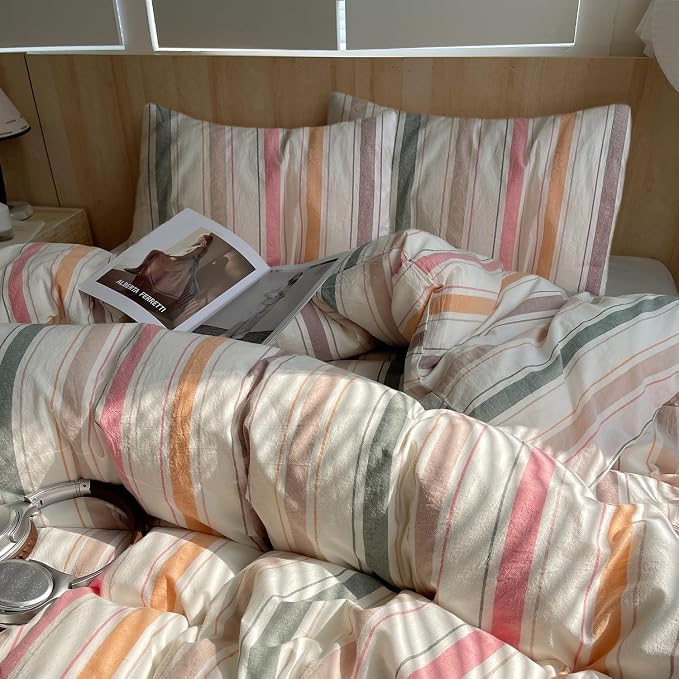 LifeTB Retro Striped Comforter Set Twin XL, Fluffy Soft Multicolor Stripes Pattern Printed Bedding Set, 3 Piece Striped Bed Comforter with 2 Pillowcases, Lightweight Farmhouse Bedding Comforter Set