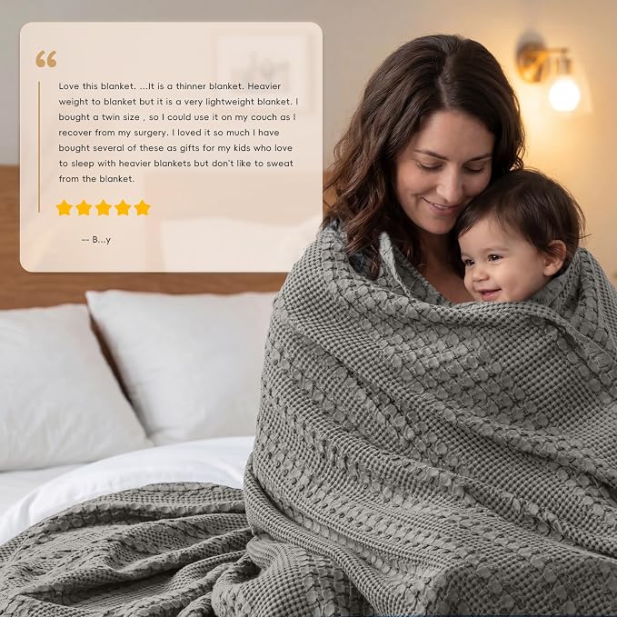 PHF Lightweight 100% Cotton Waffle Blanket for Bed, Twin XL, Dark Grey | Pre-Washed Soft Cotton Comfort, Breathable Layering Warmth for Fall & Winter, Couch & Guest Room, Couch, Home Decor & Gifts