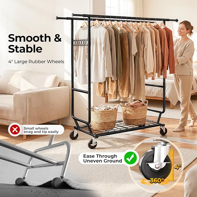 HOKEEPER Clothes Rack Heavy Duty Clothing Rack Load 650 LBS Collapsible | Garment Rack with Wheels Double Rod Clothes Rack for Hanging Clothes Commercial Portable Black, 2 Packs 22"D*75"W*68"H