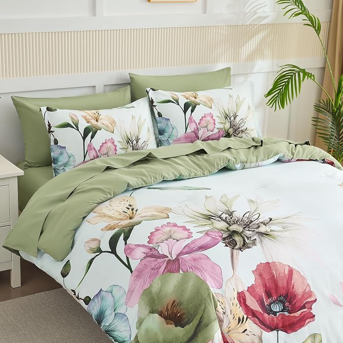 Yogeneg Queen Comforter Set 7 Piece Bed in a Bag,Elegant Floral Botanical Pattern Green Bedding Set,Soft Microfiber Comforter with Sheet Set,All Season Bed Set(Green Floral,Queen)