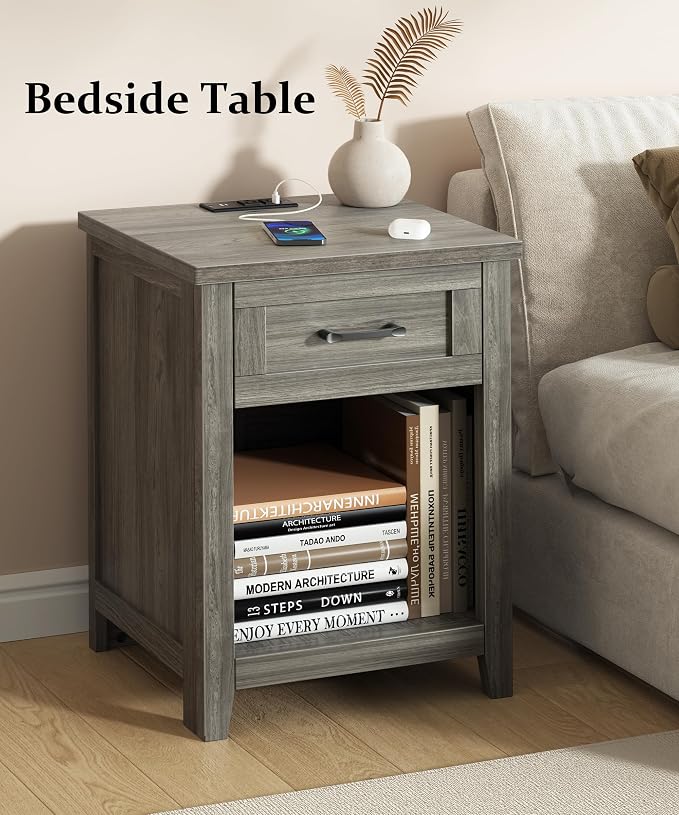 Decofy Farmhouse Nightstand with Charging Station & Large Storage, Set of 2 Modern End Tables with Outlets, USB Ports and Type-C Ports, Easy Assembly for Bedroom(Grey Oak)