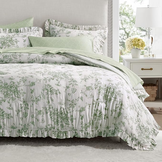 Madison Park Essentials Green Floral Comforter Set with Sheets Full,7pc | Vintage, Ruffle Bed in a Bag, Reversible, Elegant Bedding Set, All Season, Machine Washable, Wrinkle Resistant, Ultra Soft