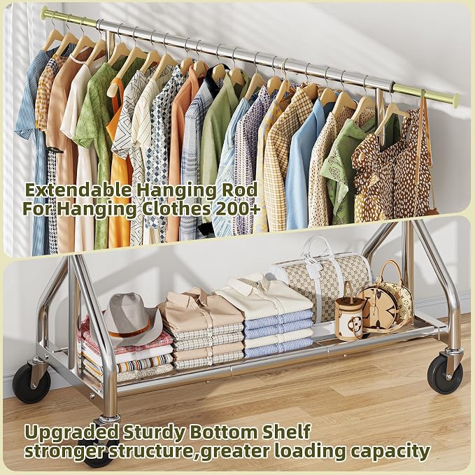 Simple Trending Double Rod Clothing Rack, Heavy Duty Clothes Rack, Chrome | Extendable Garment Rack, Freestanding Portable Closet with Wheels & Shelf, Adjustable Middle Rod, for Bedroom, Laundry