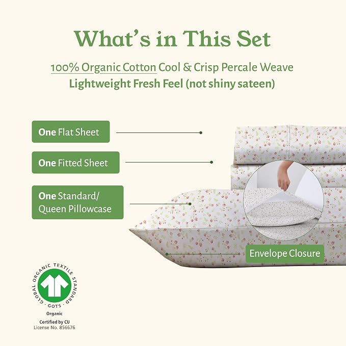California Design Den 100% Organic Cotton Twin Size Bed Sheet Set, 3 Pcs | GOTS Certified, Lightweight Crisp & Airy Percale For Hot Sleepers, All-around Elastic, Easy Care - Floral Print