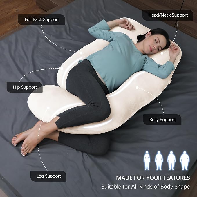 MOON PARK Pregnancy Pillows for Sleeping - U Shaped Full Body Maternity Pillow with Removable Cover - Support for Back, Legs, Belly, Hips - 57 Inch Pregnancy Pillow for Women - Ivory