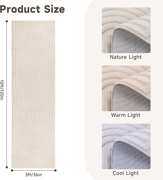 Pauwer 3x10 Area Rugs for Living Room, Modern Non Slip Washable Rug, Beige | Arch Pattern, Soft Fluffy, Neutral, Boho Accent, Solid Color Floor Carpet, For Kids Room Dining Room Nursery Entryway