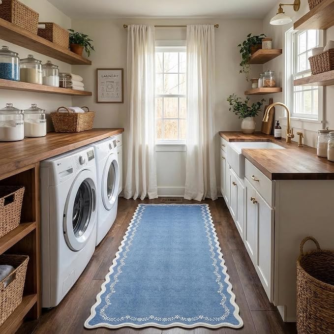 GarveeHome 2.5x10 Scalloped Washable Runner Rug Long Hallway Kitchen Rug | Soft Blue Hall Runner Non Slip Entryway Rug Farmhouse Thin Laundry Mat Stain Resistant Carpet for Bathroom Beside Rug