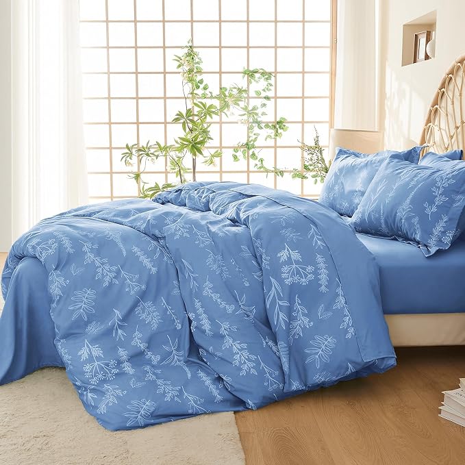 MUXHOMO Duvet Cover Queen Size, Reversible Floral Ice Blue Duvet Cover Set with Zipper Closure, 3 Pieces Botanical Patterns Soft Microfiber Bedding Set with 4 Ties (90"x90", 2 Pillow Cases)