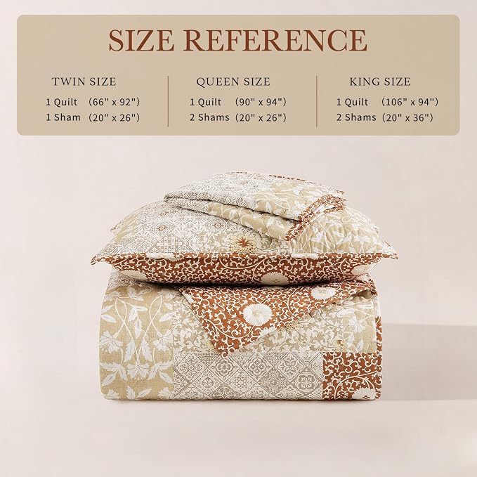 Twin Quilt Set-2 Pieces Soft Twin Bedspread Floral Patchwork Quilt | Lightweight Terracotta Quilt, Reversible Vintage Floral Bedding Set, All Season Bed Coverlet with 1 Pillow Sham, 66"x92"