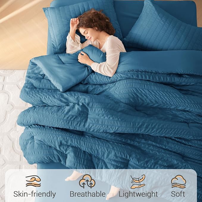 5 Pieces Twin Comforter Set, Seersucker Bed in a Bag Twin Size, All Season Luxury Bedding Set with Comforter, Flat Sheet, Fitted Sheet, Pillowcase & Sham, Teal