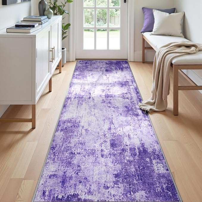 RELEANY Washable Runner 2'x8' Abstract Area Rug for Hallway Purple | Carpet for Kitchen, Entryway, Bathroom, Living Room, Bedroom, Printed Pattern, Non‑Slip, Soft, Stain‑Resistant, Easy to Clean