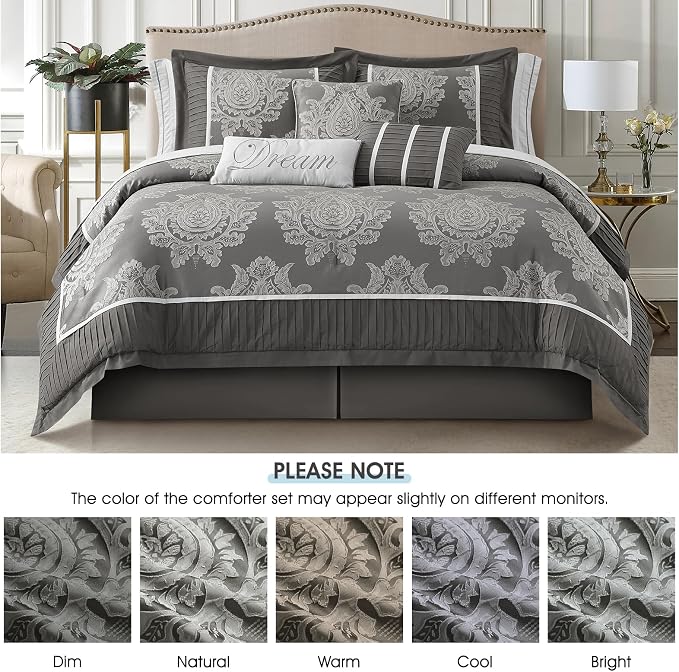 Grey California King Comforter Set, 15 Pieces, Damask Jacquard Woven, Bedding Set with Sheets, Room in a Bag, Comforter, Bed Skirt, Pillow Shams and Decor Pillows, Curtains