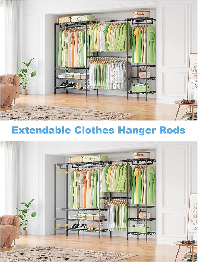 Ulif E11 Heavy-Duty Garment Rack, Metal Clothes Rack, Load 1034lbs, Black | Freestanding Expandable Closet Storage Organizer System with 8 Shelves and 4 Hanger Rods, (73.2-97.6)"W x 14.5"D x 71.2"H