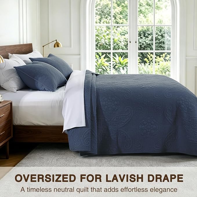 GOONE 100% Cotton Oversized King Size Quilt Set 112"x106" Dusty Blue | Oversized Coverage Bedspread Coverlet for Summer and Fall, Floral Medallion Stitch Lightweigh Bedding Set with 2 Pillow Shams