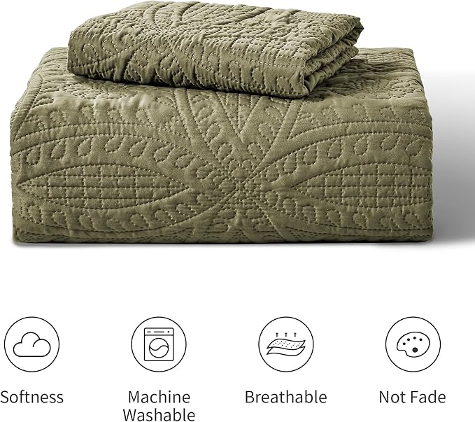 Love's cabin Twin Quilt Bedding Set Green Bedspreads - Soft Bed Summer Lightweight Bedspread Comforter - Coin Pattern Bedding Coverlet for All Season - 2 Pieces (1 Quilt, 1 Pillow Sham)