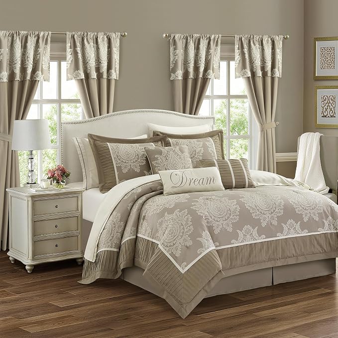 Beige King Size Comforter Set, 15 Pieces, Damask Jacquard Woven, Bedding Set with Sheets, Room in a Bag, Comforter, Bed Skirt, Pillow Shams and Decor Pillows, Curtains
