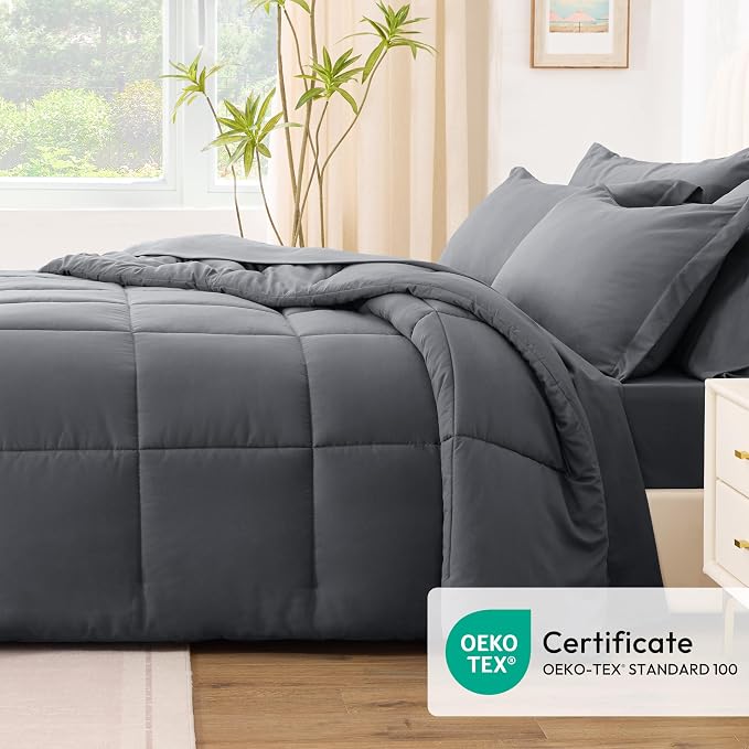 Love's cabin Queen Comforter Set Soot Grey, 7 Pieces Queen Bed in a Bag, All Season Bedding Sets with 1 Comforter, 1 Flat Sheet, 1 Fitted Sheet, 2 Pillowcase and 2 Pillow Sham