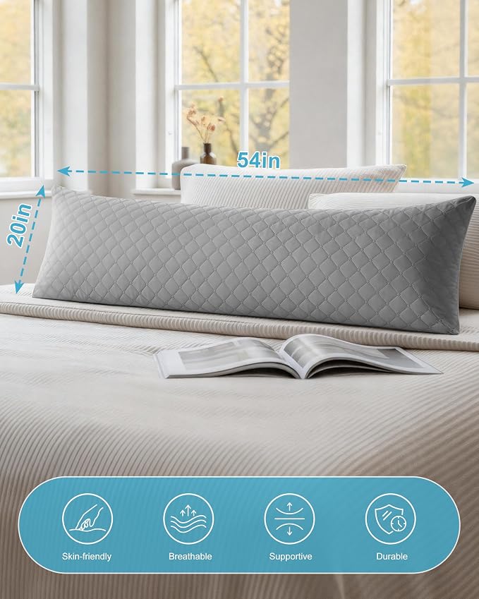 YZ HOME Long Body Pillow for Adults - Firm Body Pillow Insert | Body Pillow Insert with Shredded Memory Foam,Adjustable Height,Soft Support for Side Sleeper,Washable (Grey, 20x54'')