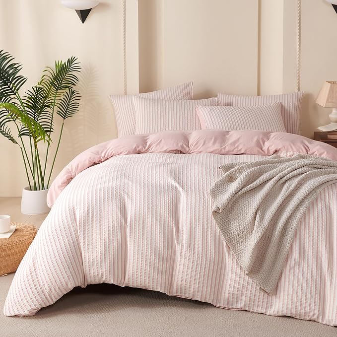 Comforter King Set Pink Striped Soft Luxury Washed Microfiber Jacquard 3 Pieces Bedding, White Pink Vertical Ticking Stripes Pattern Comforter with 2 Pillowcases Breathable Durable Comfy