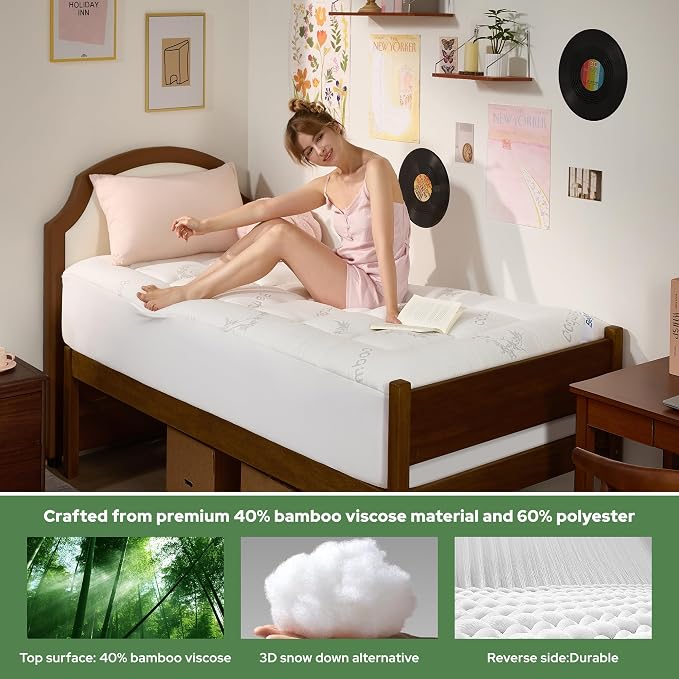 BEDLORE Twin XL Mattress Topper Viscose Bamboo, Pillow Top Mattress Pad | Deep Pockets Fit 6”-15” Mattress, Soft Breathable Thick Dorm-Size Mattress Topper for Students and Hot Sleepers(White)